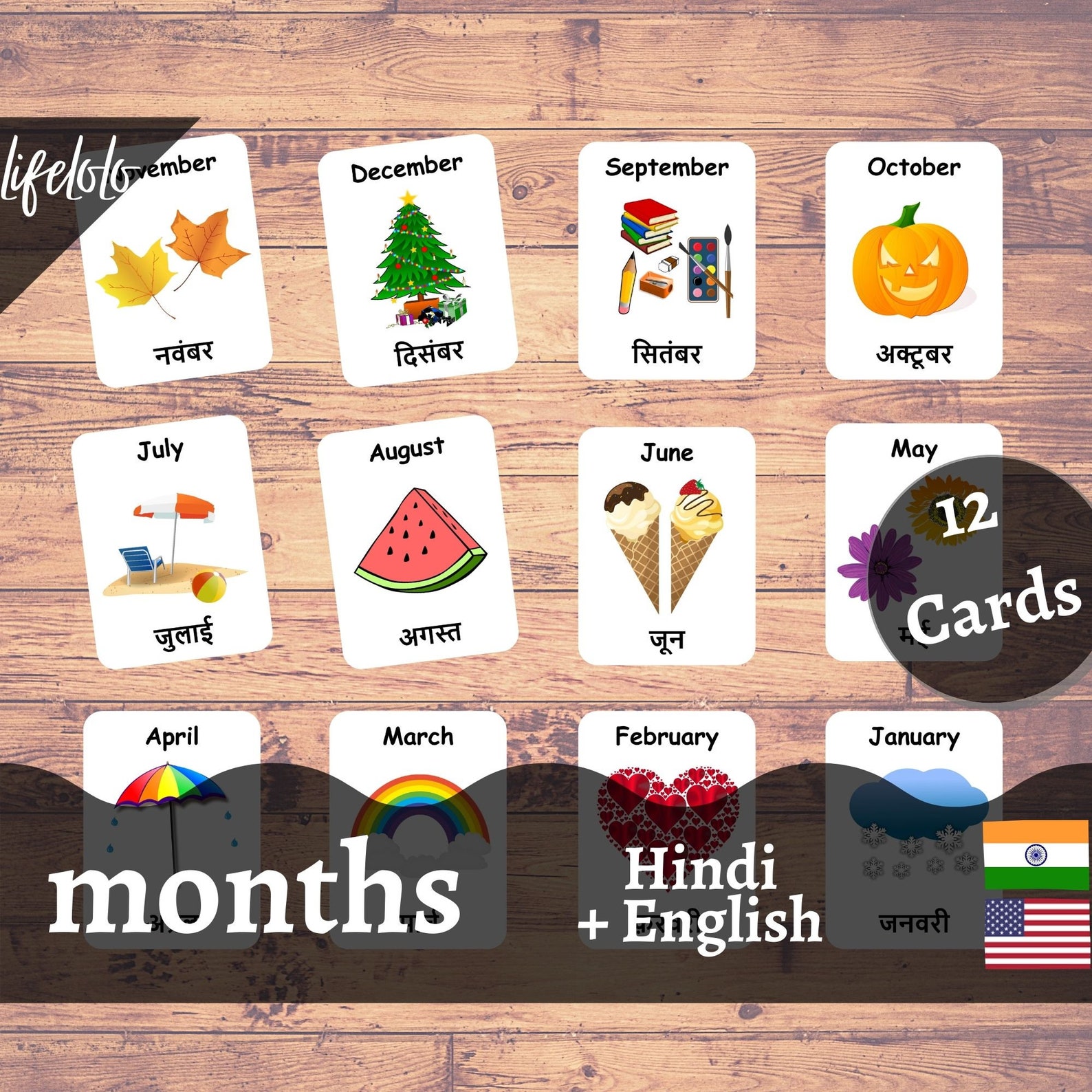 Months of the Year HINDI Flash Cards, 12 Bilingual Cards, Montessori ...