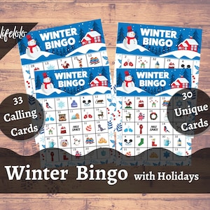 Winter BINGO mit Weihnachten und Chanukka, Bingokarten für Kinder, Weihnachtsbingo, Chanukka-Bingospiel, Happy Holiday Partyspiel zum Ausdrucken, Schneemann