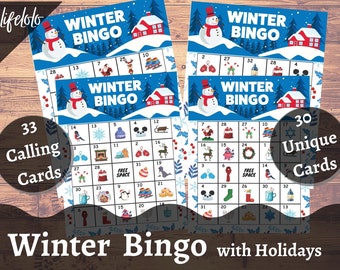 Winter BINGO with Xmas and Hanukkah, Bingo cards for kids, Christmas Bingo, Hanukkah Bingo Game, Happy Holiday Party Game Printable, Snowman