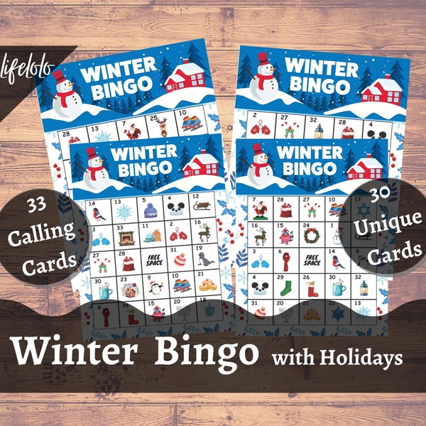 Winter BINGO with Xmas and Hanukkah, Bingo cards for kids, Christmas Bingo, Hanukkah Bingo Game, Happy Holiday Party Game Printable, Snowman