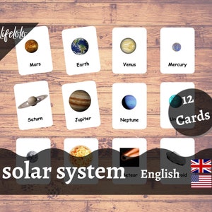 Cartões Flash do Sistema Solar | Cartões Montessori | Planetas | Montessori para imprimir | Cartões de 3 partes, espaço sideral, planetas para impressão, aprendizagem pré-escolar
