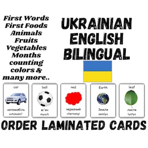 Ukrainian Flash Cards, Printed Laminated Flashcards in Ukrainian and English, Bilingual Cards with English Pronunciations, Anglicized Cards