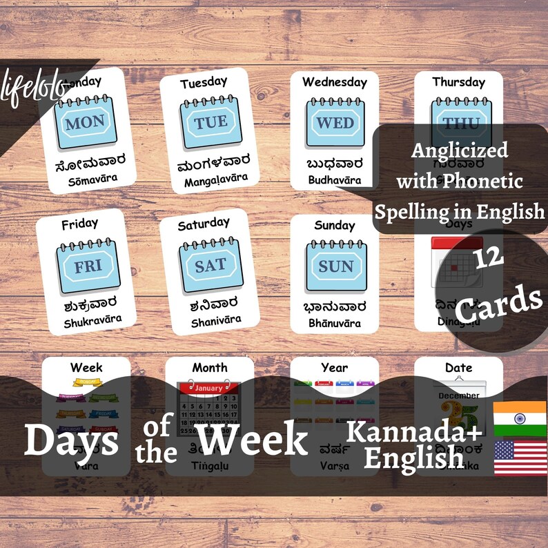Days Of The Week KANNADA English Bilingual Cards 12 Etsy Denmark