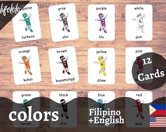 Farben FILIPINO Version - Englische zweisprachige Karten | 12 philippinische Lernkarten | Homeschooling | Tagalog Flash-Karten | 3 Teilige Karten - Printable