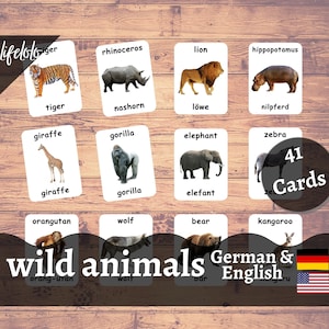 Wild Animals GERMAN Version - Englische Zweisprachige Karten | 41 Lernkarten | Homeschooling | Montessori Material - Digital Printable