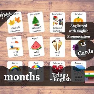 Months of the Year TELUGU Flash cards, 12 Bilingual Cards, Montessori Printable Preschool, Homeschool, Kids Printable Download