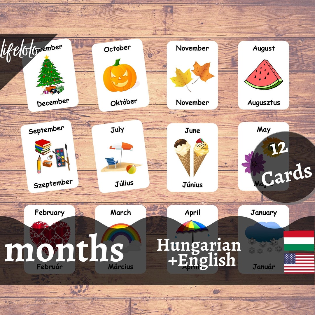 Months of the Year HUNGARIAN Flash Cards, 12 Bilingual Cards