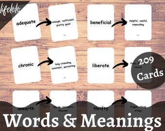 Words & Meanings, 209 Vocabulary Flash cards, Elementary English Materials | Spelling Bee | School Printable, Homeschool, Printable Download