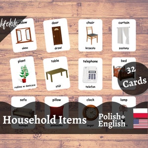 Household Items Polish Flash cards, English Bilingual Cards, Montessori Printable, Homeschool Preschool, Kids Printable Download PDF