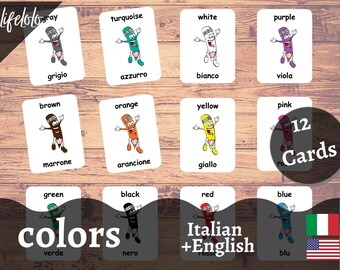 Colors ITALIAN Version - English Bilingual Cards | 12 Italian Flash Cards | Homeschooling | Montessori Materials | 3 Part Cards - Printable