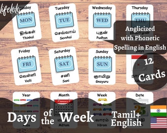 Days of the Week | TAMIL | English Bilingual Cards | 12 Tamil Flash Cards | Montessori Materials | Homeschooling - Printable Download