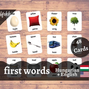Erste Worte UNGARISCHE Version - Zweisprachige Karten | 48 Karteikarten | Vorschule | Montessori | Homeschooling - Druckbare Download