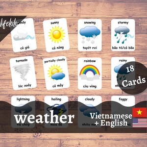 Cartões meteorológicos em VIETNAMIANO | Cartões flash vietnamitas | Cartões Bilíngues em Inglês | Materiais Montessorianos | Brinquedos de cartões flash - download para impressão