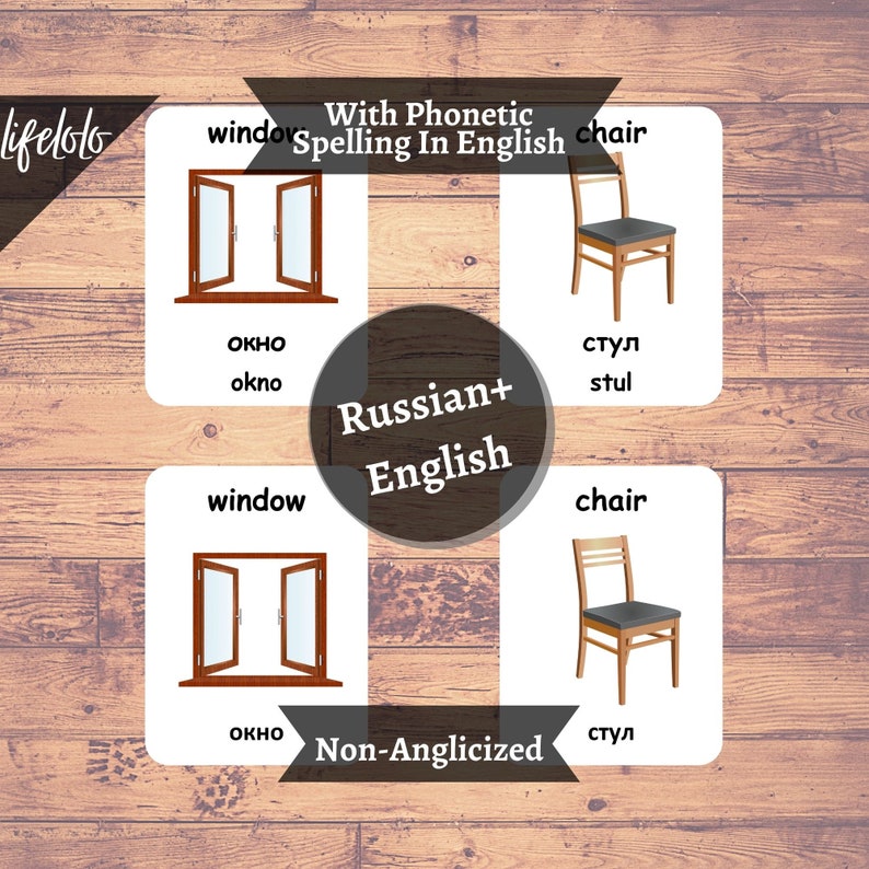 May include: Two flashcards with images and text in Russian and English. The top card shows a window with the Russian word "окно" and the English word "okno". The bottom card shows a chair with the Russian word "стул" and the English word "stul".