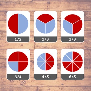 Fractions circulaires - Flash Cards | 55 cartes Montessori | École à la maison | Cartes en trois parties | Flashcards imprimables