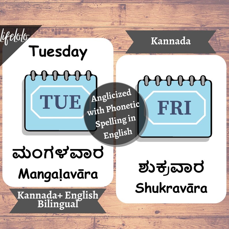 Days of the Week KANNADA English Bilingual Cards 12 Etsy Finland