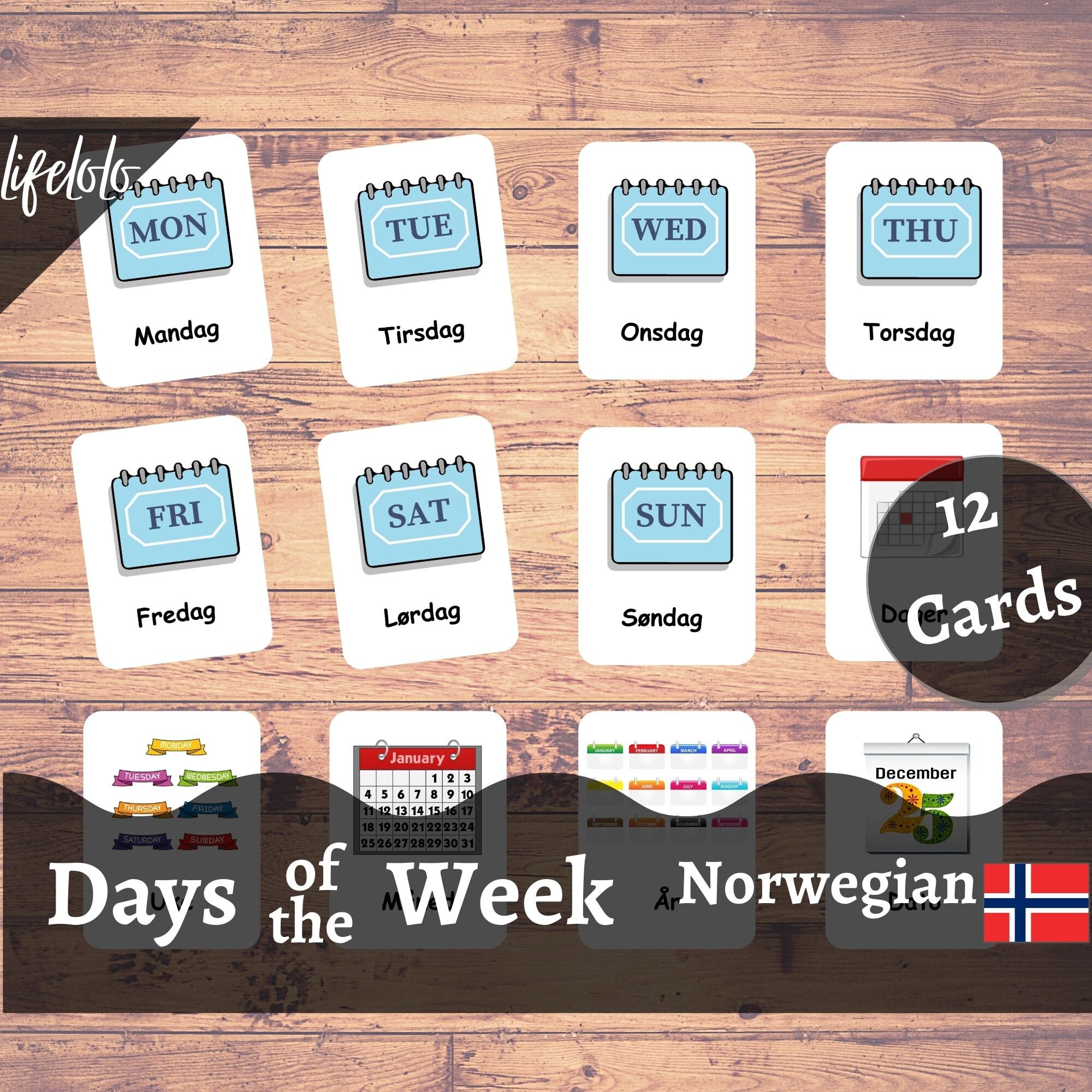Days of the Week | NORWEGIAN | English Bilingual Cards | 12 Norwegian ...