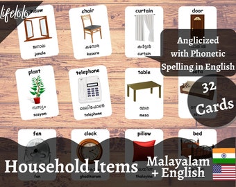Household Items Malayalam Flash cards, English Bilingual Cards, Montessori Printable, Homeschool Preschool, Kids Printable Download pdf