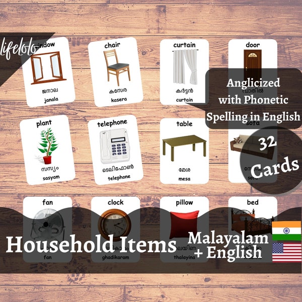 Household Items Malayalam Flash cards, English Bilingual Cards, Montessori Printable, Homeschool Preschool, Kids Printable Download pdf