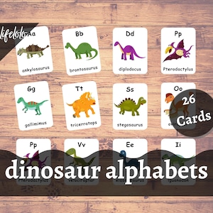 Alfabetos de dinosaurios / 26 tarjetas flash / alfabetos ingleses, tarjetas Montessori, tarjetas de tres partes, educación en el hogar, tarjetas imprimibles