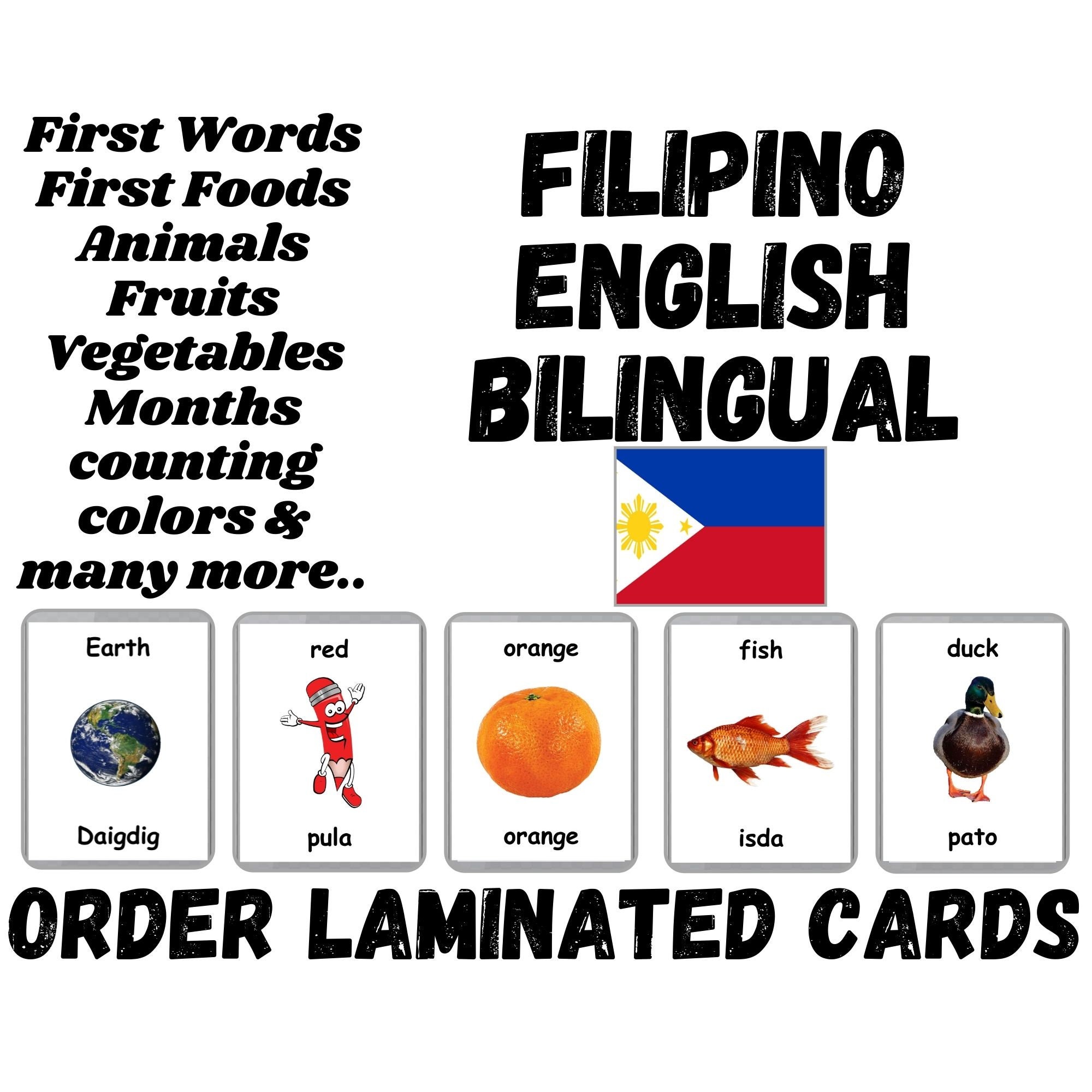 Filipino Laminated Flash Cards | Handmade Flash Cards | Bilingual ...