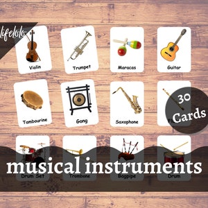 Instrumentos musicales (30 Tarjetas) - Tarjetas didácticas / Montessori / Educación en el hogar / Educativas / Tarjetas de tres partes - Descarga digital