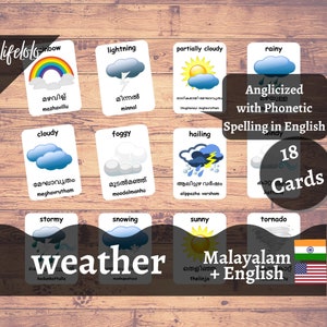 Cartões meteorológicos em MALAYALAM | Cartões Flash Malaiala | Cartões Bilíngues em Inglês | Materiais Montessorianos | Brinquedos de cartões flash - download para impressão