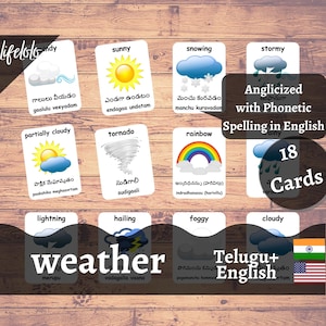 Cartões Meteorológicos em TELUGU | Cartões Flash Telugu | Cartões Bilíngues em Inglês | Materiais Montessorianos | Brinquedos de cartões flash - download para impressão