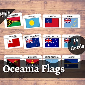 AUSTRALIA OCEANIA FLAGS | 14 Nomenclature Cards, Montessori Materials, Kids printable, Montessori Printable, Printable Cards, Pdf printable
