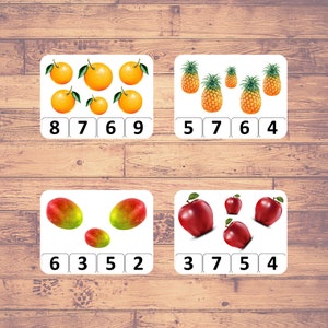 Contando Frutas - Tarjetas de Conteo de Clips / Matemáticas / Montessori / Educación en el Hogar (20 Tarjetas) - Descarga Digital