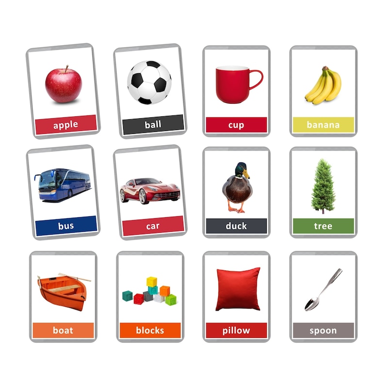 Pu&ograve; includere: Flashcards con immagini e parole per oggetti comuni, tra cui una mela, una palla, una tazza, una banana, un autobus, un'auto, un'anatra, un albero, una barca, blocchi, un cuscino e un cucchiaio.