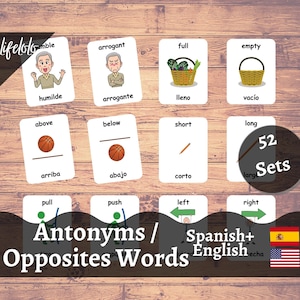 Antônimos Flashcards em ESPANHOL, cartões bilíngues em inglês, 104 palavras opostas, cartões flash em espanhol, material Montessori, download para impressão infantil