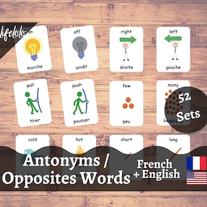 Antônimos Flashcards FRANCÊS, Cartões bilíngues em inglês, 104 palavras opostas, Cartões Flash FRANCÊS, Material Montessori, Download para impressão infantil