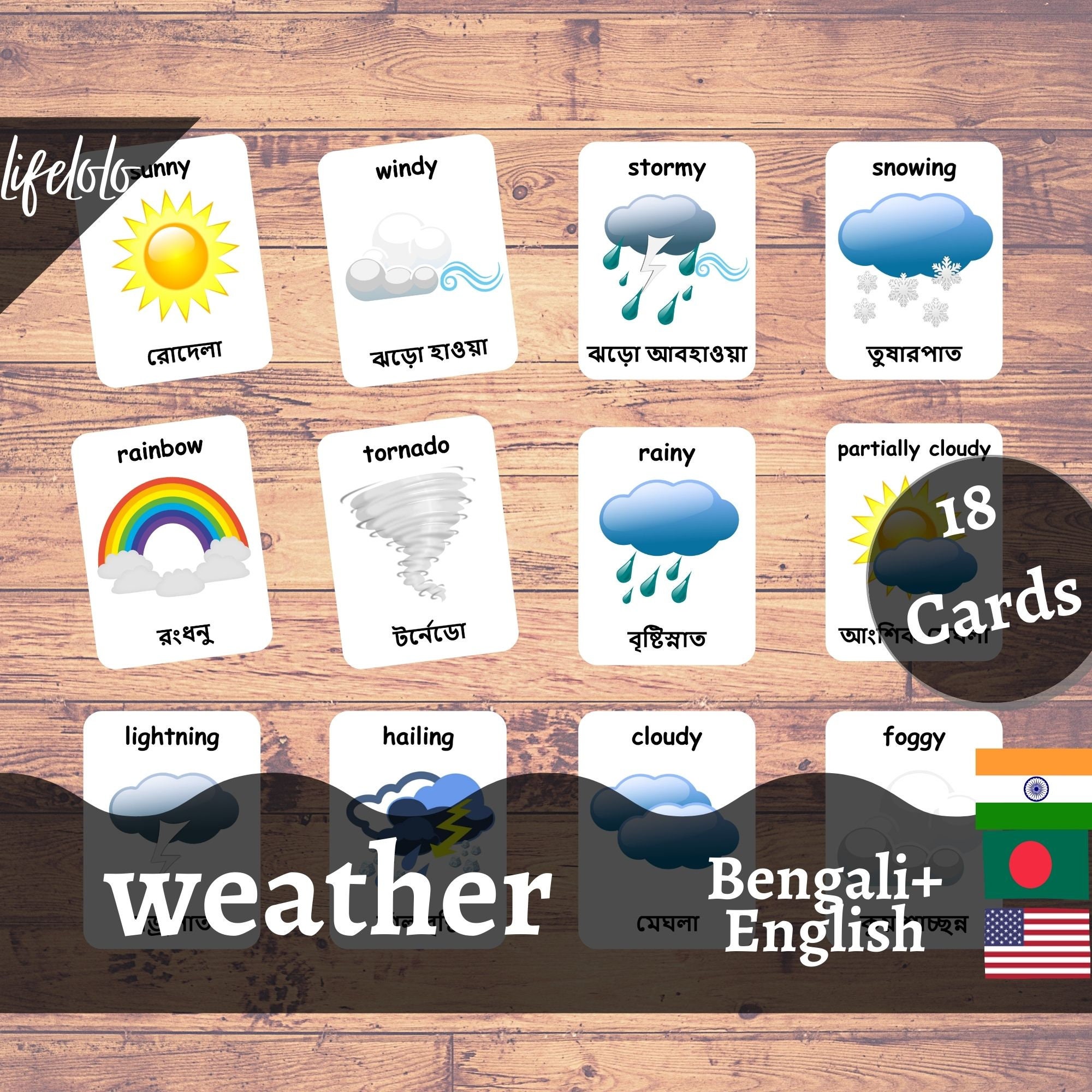 Weather Cards in BENGALI Bengali Flash Cards English 