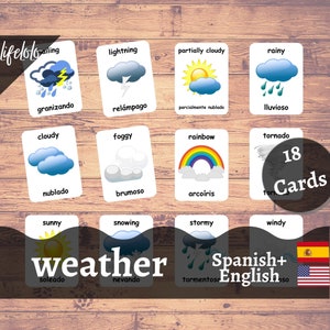 Cartões Meteorológicos em ESPANHOL | Cartões flash espanhóis | Cartões Bilíngues em Inglês | Materiais Montessorianos | Brinquedos de cartões flash - download para impressão infantil