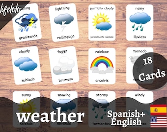 Weather Cards in SPANISH | Spanish Flash Cards | English Bilingual Cards | Montessori Material | Flash Cards Toys - Kids Printable Download