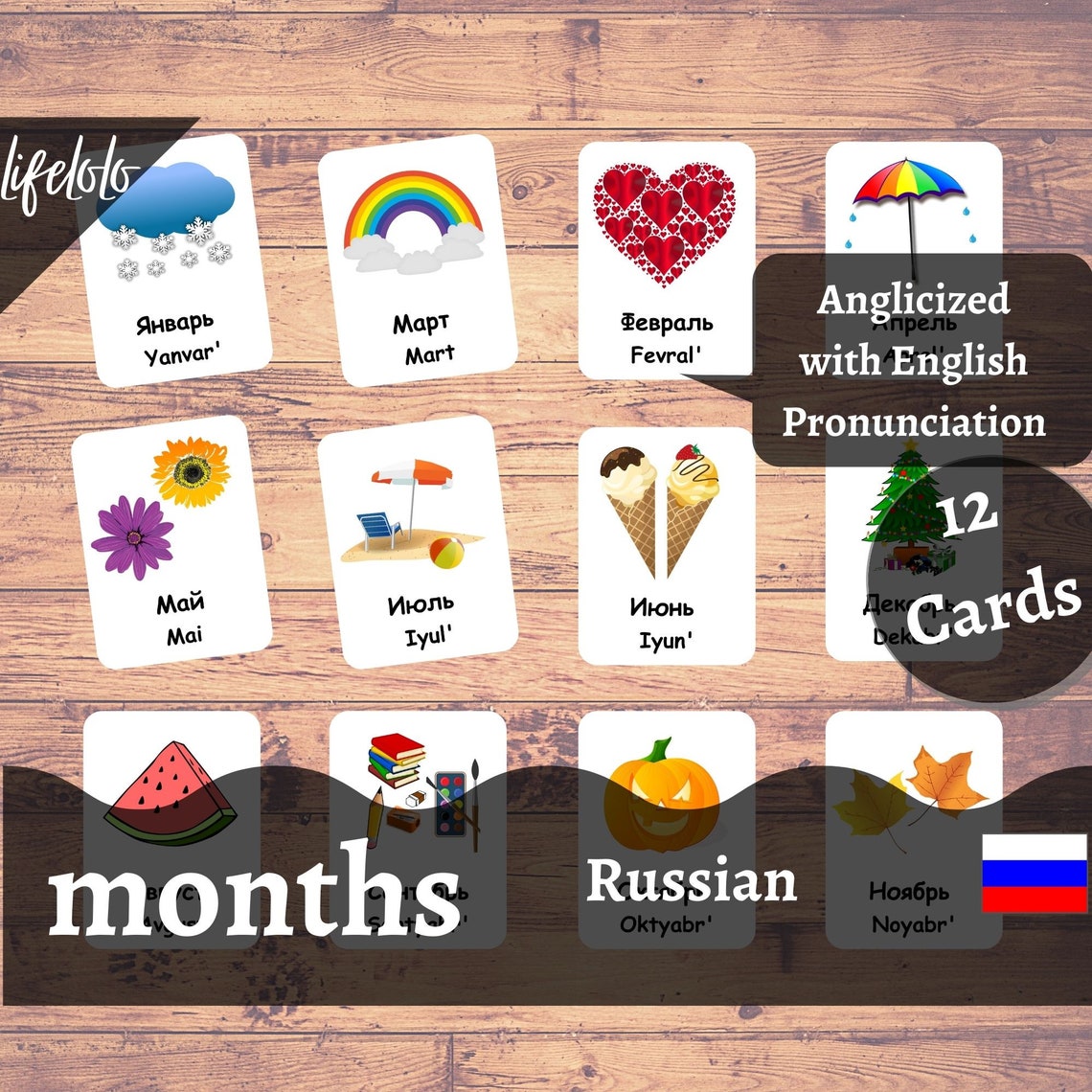 Months of the Year RUSSIAN Flash Cards, 12 Bilingual Cards, Montessori ...