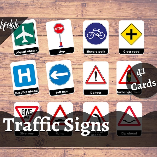 Traffic Signs | 41 Flash Cards | Montessori Cards, Three Part Cards, Homeschooling, Street Signs, Road Sign, Printable Cards, Pre-k learning