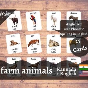 Farm Animals | KANNADA | English Bilingual Cards | 27 Kannada Flash Cards | Montessori Cards | Homeschooling - Digital Download