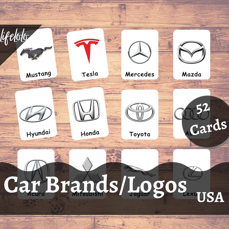 Puede incluir: Un juego de 52 cartas con los logotipos de marcas de coches populares, incluyendo Mustang, Tesla, Mercedes, Mazda, Hyundai, Honda, Toyota, Audi, Acura, Mitsubishi, Jaguar y Lexus. Las cartas son blancas con texto negro y logotipos.