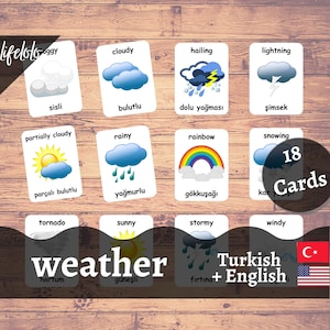 Cartões meteorológicos em TURCO | Cartões flash turcos | Cartões Bilíngues em Inglês | Materiais Montessorianos | Brinquedos de cartões flash - download para impressão infantil