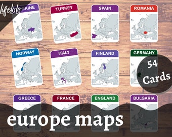 EUROPE Maps Flash Cards, 54 Nomenclature Cards, Montessori Materials, Kids Printable, Printable Cards, Three Part Card, Montessori Printable