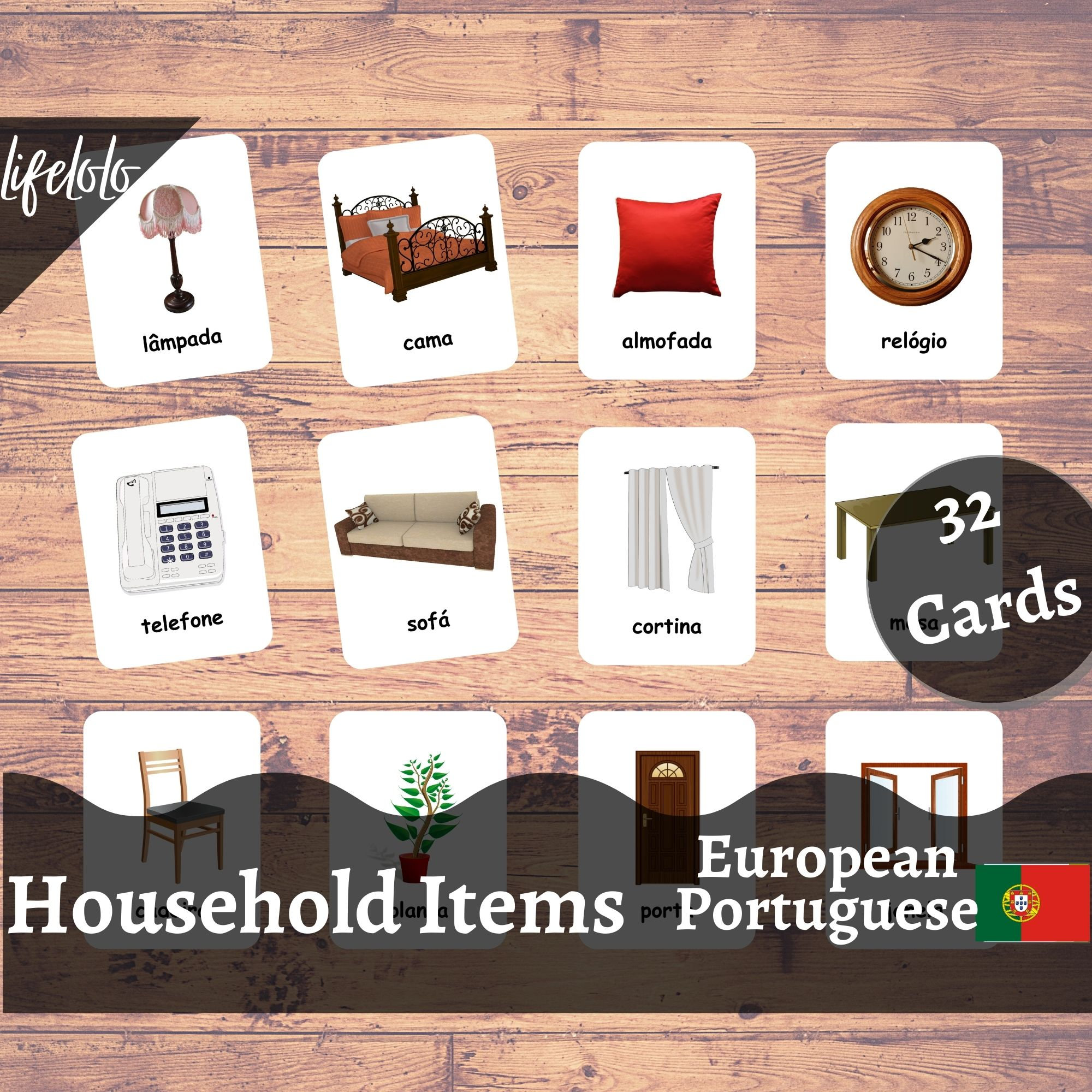 Household Items EUROPEAN PORTUGUESE Flash Cards, Bilingual Cards