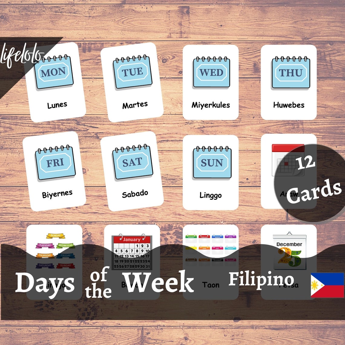 Days of the Week | FILIPINO| English Bilingual Cards | 12 Tagalog Flash ...