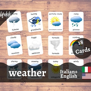 Cartões Meteorológicos em ITALIANO | Cartões Flash Italianos | Cartões Bilíngues em Inglês | Materiais Montessorianos | Brinquedos de cartões flash - download para impressão infantil