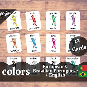 Couleurs Version PORTUGAISE - Cartes Bilingues Anglais | 12 cartes flash portugaises | École à la maison | Montessori | Cartes en trois parties - imprimables