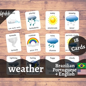 Cartões Meteorológicos em Português Brasileiro Flash Cards | Cartões Bilíngues em Inglês | Materiais Montessorianos | Brinquedos de cartões flash - download para impressão