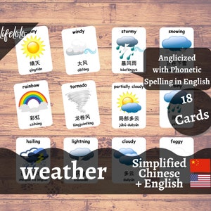 Cartões Meteorológicos em Chinês Simplificado Cartões Bilíngues Inglês | Materiais Montessorianos | Brinquedos de cartões flash - download para impressão