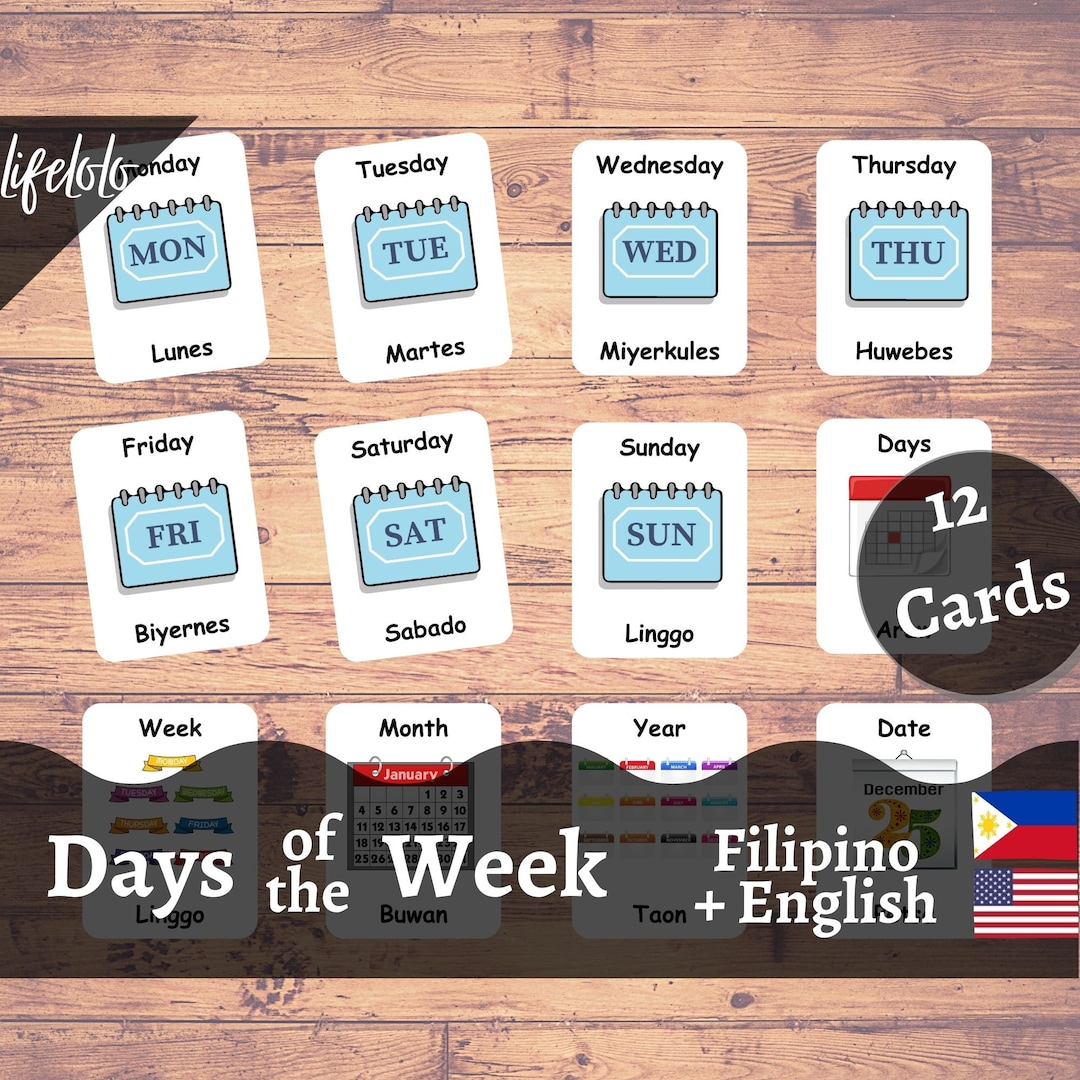Days of the Week | FILIPINO| English Bilingual Cards | 12 Tagalog Flash ...