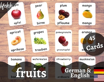Fruits GERMAN Version - English Bilingual Cards | 45 German Flash Cards | Preschool | Montessori | Homeschooling - Printable Download